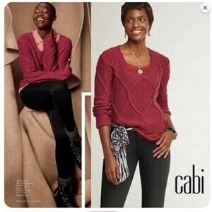 Cabi 3883 Cropped Cable Knit Sweater Mulberry Burgundy Chunky Size S